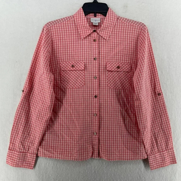 Jaclyn Smith Button-Up Shirt Women's Sz S Red Plaid Collared Pockets Stretch - Picture 1 of 12